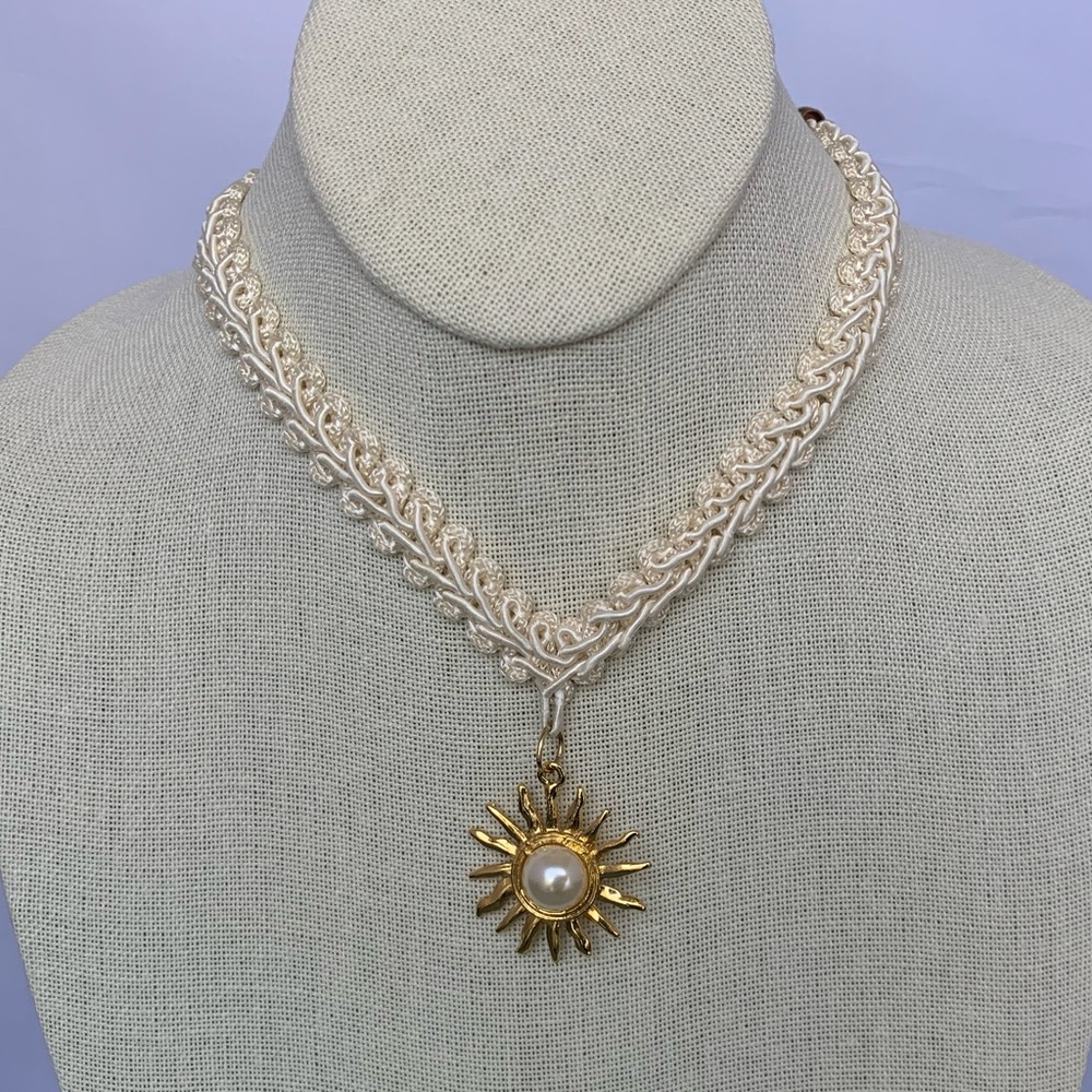 Lace Choker with Gold Tone & Pearl Sun Pendant
